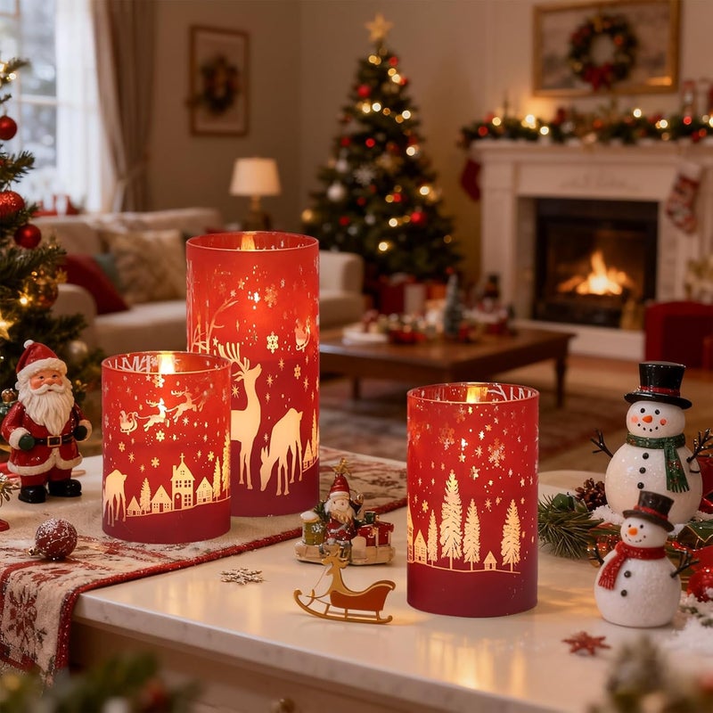 DRomance Christmas Flameless Candles Battery Operated with 10-Key Remote and Timer 3D Wick Flickering Electroplating Glass Reindeer LED Candles Indoor Holiday Decorations(Red, 3" D x 4", 5", 6" H) - Image 4